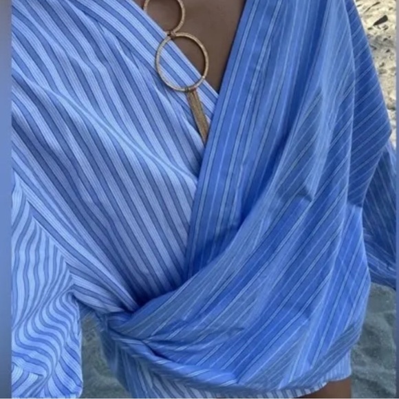 Zara Blue & White Striped Wrap poplin Blouse XS Oversized 100% Cotton ✨ - Picture 7 of 9